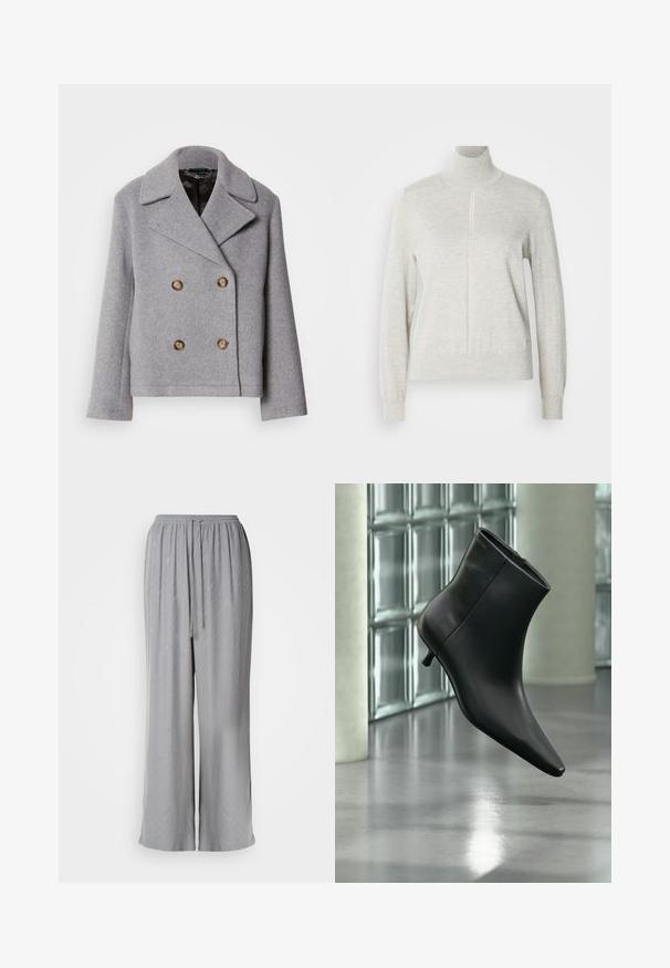 Lacoste Overgangsjakke - pitch chine; Lys grå sweater med høj krave og kvart lynlås. Lavet af et blødt, struktureret materiale, der har lange ærmer og en tætsiddende kant.; Lys grå vide bukser lavet af blødt stof, med en elastisk talje med snor og subtile diagonale mønstre.; Sort læderankelstøvle med spids tå og lav kitten-hæ, vist vinklet mod en poleret gulv- og glasblokvæg.