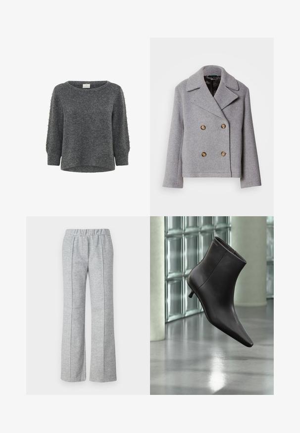 Lacoste Overgangsjakke - pitch chine; Kaffe KABETTY - Striktrøje - grey melange; Grå, vide benbukser lavet af tekstureret stof; har en elastisk talje og plisserede frontdetaljer. Ren, minimalistisk design.; Sort læderankelstøvle med spids tå og lille hæl vist mod en væg af glasblokke og poleret gulv baggrund.