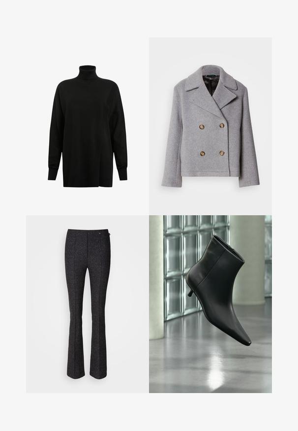 Lacoste Ľahká bunda - pitch chine; AllSaints BERN WRAP - Svetrík - black; Čierne zvonové nohavice z textúrovaného materiálu so subtilným tkaným vzorom a zapínaním na gombík vpredu. Strihané na mieru zvýrazňujú postavu.; Čierna kožená členková čižma so špicatou špičkou a nízkym kitten podpätkom, zobrazená šikmo na pozadí leštenej podlahy a steny zo sklenených blokov.