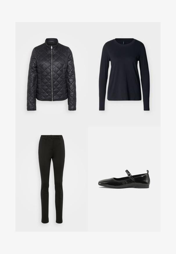 Veste matelassée noire avec col montant, fermeture éclair sur le devant et motif en losanges texturés. Comprend des manches longues et un matériau léger.; Chemise noire à manches longues et col rond, étalée à plat sur un fond blanc, vue de face avec un design propre et simple.; Pantalon noir ajusté en tissu lisse. Comprend une fermeture à bouton, des passants pour ceinture et des coutures frontales nettes. Coupe fuselée au niveau des jambes.; Chaussure plate en cuir verni noir avec un bout pointu, une sangle de cheville avec boucles, et une texture lisse et brillante. Talon bas pour le confort.