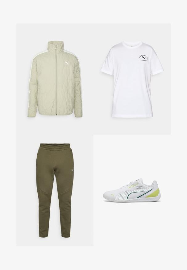 Lys beige quiltet jakke med høj krave, lynlåslukning foran og hvide sidepaneler. Har et lille logo på brystet og en subtil glans.; Hvid bomulds-T-shirt med rund halsudskæring og korte ærmer. Har sort logo tekst og grafik på venstre side. Enkel, uredigeret design.; Olivengrønne sweatpants med en tætsiddende pasform, elastisk talje og et lille hvidt logo på venstre side. Blødt stof med en glat overflade.; Hvid Puma sneaker med grønne og gule accenter, Aston Martin Formula One Team logo, snørebånd og lavprofilssål.
