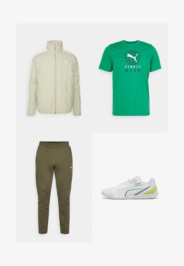 Lys beige quiltet jakke med høj krave, lynlåslukning foran og hvide sidepaneler. Har et lille logo på brystet og en subtil glans.; Puma BETTER SPORTSWEAR TEE - T-shirts print - archive green; Olivengrønne sweatpants med en tætsiddende pasform, elastisk talje og et lille hvidt logo på venstre side. Blødt stof med en glat overflade.; Hvid Puma sneaker med grønne og gule accenter, Aston Martin Formula One Team logo, snørebånd og lavprofilssål.