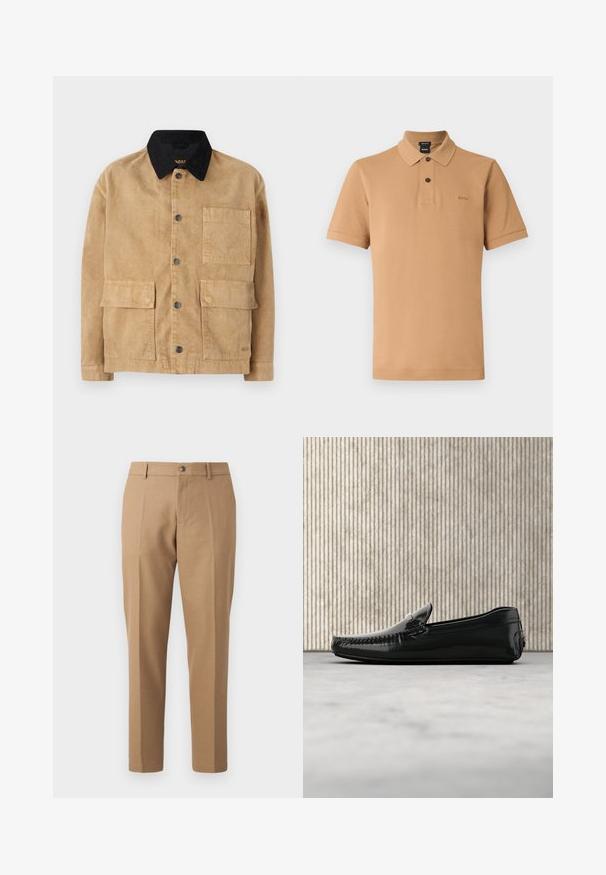 Katoenen jack in lichtbruin met een zwarte kraag, met een sluiting met knopen aan de voorkant, twee grote voorzakken en een enkele borstzak.; Tankleurig poloshirt met korte mouwen, gemaakt van een gestructureerde stof, voorzien van een drieknopenlijst, een puntige kraag en een subtiel logo op de borst.; Karamelkleurige tailored broeken met een recht model, voorzien van een enkele voorplooi, een knoopsluiting en subtiele stiksels.; Zwarte leren loafers met een glanzende afwerking, ronde neus en decoratieve hardware aan de voorkant. Laag profiel rubberen zool. Gladde textuur.