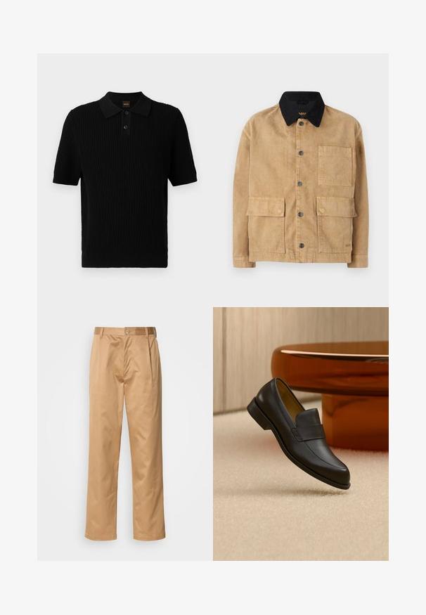 Katoenen jack in lichtbruin met een zwarte kraag, met een sluiting met knopen aan de voorkant, twee grote voorzakken en een enkele borstzak.; Zwart poloshirt met korte mouwen en een ribbeltextuur, een drievoudige knoopsluiting en een klassieke kraag. Voorzien van BOSS-logo in oranje.; Khaki broek, katoenmix, recht model, voorplooien, riemlussen en knoopsluiting. Gladde textuur zonder patronen.; Zwarte leren loafer met lage hak zwevend boven een beige tapijt dichtbij een ronde bruine tafel.