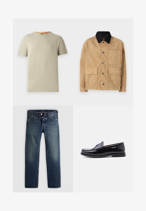 Cotton jakke i lys brun med en sort krave, der har frontknaplukning, to store forlommer og en enkelt brystlomme.; Lys grøn kortærmet t-shirt lavet af tekstureret stof. Har en rund halsudskæring og et lille præget "BOSS" logo på brystet.; Klassiske jeans med lige ben lavet af blå denim, med fem lommer, knapgylp og diskret falming samt kobbernitter og syningsdetaljer.; Sorte læderloafer med en blank finish, der har et syet mønster på tåen og en lav, tekstureret sort gummisål.
