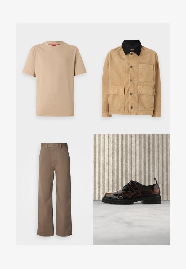 Cotton jakke i lys brun med en sort krave, der har frontknaplukning, to store forlommer og en enkelt brystlomme.; Beige bomulds T-shirt med korte ærmer, rund halsudskæring og subtilt "HUGO" logo i midten. Glat overflade, afslappet pasform.; Beige brede benbukser lavet af blød bomuldsblanding, med knaplukning, bæltestropper og uden synlige mønstre. Glat tekstur.; Blank brun lædersko med tyk sort sål og unik snøring, placeret på beige tæppe nær rundet orange møbel.