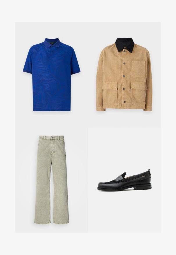 Cotton jakke i lys brun med en sort krave, der har frontknaplukning, to store forlommer og en enkelt brystlomme.; Kortærmet polo t-shirt i livlig blå med et tekstureret palmebladsmønster, med krave og tre-knaps placket. Glat stof.; Lys grøn brede jeans med høj talje, lavet af denim, med knaplukning og klassisk fem-lommer design.; Sort læderloafer med grå remdetalje, lav hæl og tekstureret sål, mærket med "HUGO" i guld på siden.