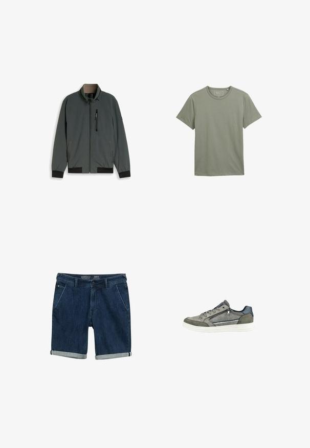 Dunkelgraue Jacke mit Reißverschluss und Stehkragen, schwarzen Bündchen, zwei Seitentaschen und einer vertikalen Reißverschlusstasche auf der Brust vor weißem Hintergrund.; Olivgrünes T-Shirt mit kurzen Ärmeln aus weicher Baumwolle, ausgestattet mit einem klassischen Rundhalsausschnitt und einer lockeren Passform, ohne sichtbare Muster oder Details.; Dunkelblaue Denim-Shorts mit geradem Schnitt, umgeschlagenen Säumen, zwei Vordertaschen und einem knöpfbaren Bund. Größe M-Label vorhanden.; Grauer und marineblauer Freizeitsneaker mit weißer Sohle, Schnürung vorne, seitlichem Reißverschluss sowie Details aus Wildleder und Mesh-Material.