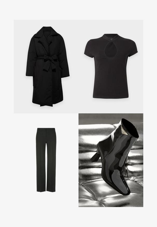 Schwarze gepolsterte Jacke mit Gürteltasche, weitem Kragen und langen Ärmeln. Verfügt über zwei seitliche Taschen und eine glatte, strukturierte Oberfläche.; Schwarzes Kurzarmhemd mit Mandarin-Kragen und vorne tropfenförmigem Ausschnitt, gesichert durch kleinen Knopfverschluss.; Schwarze, gerade geschnittene Hose aus glattem Stoff, mit flacher Vorderseite, dezenten Bügelfalten und ohne sichtbare Beschläge oder Akzente.; Schwarze Lackleder- ankle boots mit spitzem Zehen und quadratischem Absatz. Mit einem goldenen Logo-Platte und glatter, glänzender Oberfläche.