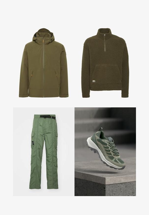 Veste à capuche vert olive avec fermeture éclair sur le devant, dotée de deux poches latérales, d'un col ajustable et d'un design minimaliste pour une protection contre les intempéries.; Pull en polaire vert olive avec un col haut, fermeture éclair sur le devant sur un quart de la longueur, et poche kangourou à l'avant. Présente un tissu texturé et un petit logo en bas.; Pantalons cargo en vert olive, fabriqués en tissu léger. Présentent une ceinture noire, des poches cargo sur les côtés et des détails de couture.; Chaussure de trail Merrell verte et grise suspendue au-dessus d'une bordure en béton, avec une semelle texturée et une tige en mesh.