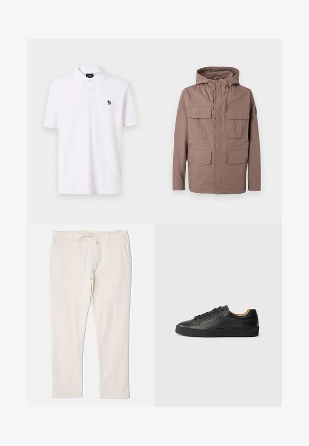 Chaqueta marrón con capucha, con cuatro bolsillos delanteros con solapa y capucha con cordón, mostrada sobre un fondo gris claro.; Camisa polo blanca de algodón, con un cuello clásico, una tapeta de dos botones y un pequeño logo de cebra multicolor en el pecho.; Pantalones de color beige claro con una superficie texturizada, cinturilla elástica y cordón ajustable, que cuentan con dos bolsillos laterales para almacenamiento.; Zapatilla negra de cuero de caña baja con superficie texturizada, cordones negros y suela de goma gruesa, mostrada de lado sobre un fondo claro.