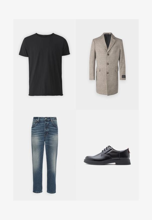 Abrigo de cuadros beige con solapas de muesca, cierre de tres botones, dos bolsillos delanteros y un forro interior negro. Tejido de lana texturizada.; Camiseta de manga corta negra, hecha de algodón suave, con un cuello redondo clásico y una textura suave, con un corte recto.; Vaqueros de mezclilla azul con un acabado desgastado, diseño de pierna recta, estilo de cinco bolsillos y acentos de hardware metálico en tono cobre.; Zapatos de piel negra con cordones, textura lisa, puntera redondeada y detalles sutiles de costura. Cuentan con una lengüeta roja en el talón.