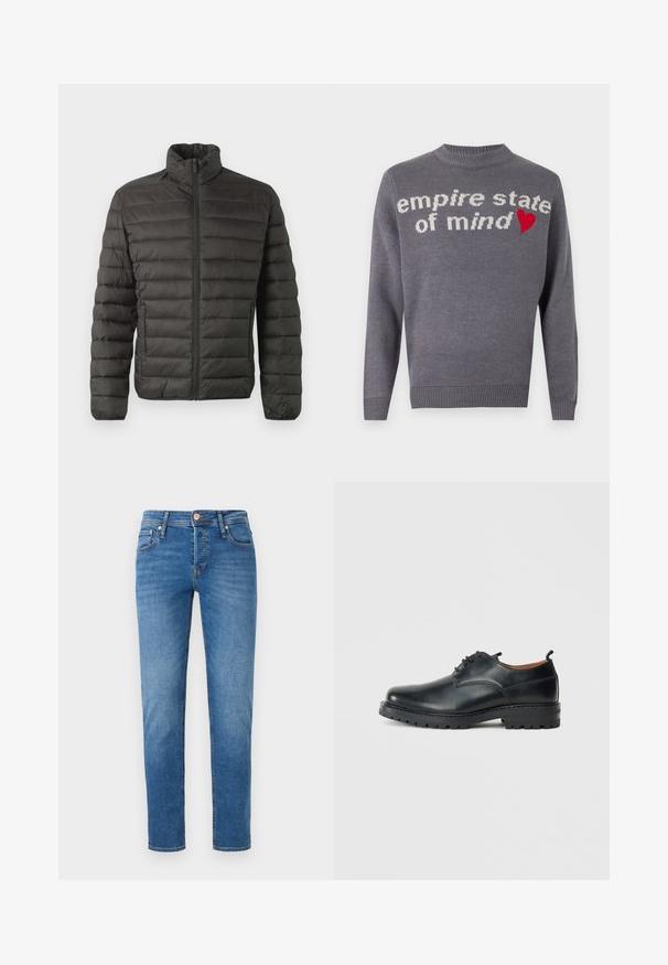 Only & Sons ONSGAVIN LIFE LIGHT JACKET - Jas - black; Grijze gebreide trui met de tekst "empire state of mind" in witte letters en een rode hartaccent. Ronde hals en geribbelde zoom en manchetten.; Blauwe denim jeans met een slim fit, vijf pockets, sluiting met een knoop aan de voorkant en subtiele vervaging op de dijen en knieën.; Zwarte leren derby schoenen met een gladde textuur, ronde neus, vetersluiting en een dikke, robuuste rubberen zool.
