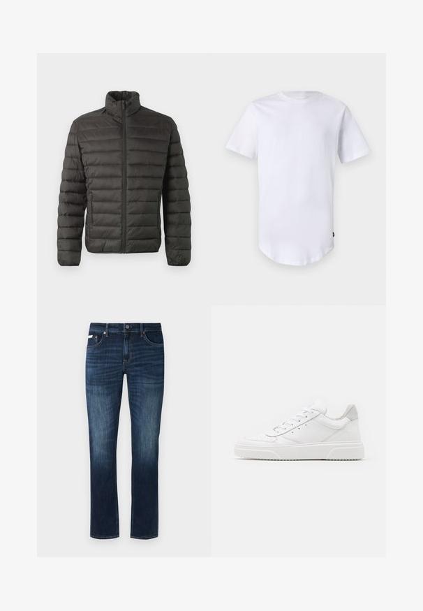 Only & Sons ONSGAVIN LIFE LIGHT JACKET - Overgangsjakke - black; Hvid kortærmet t-shirt lavet af bomuld. Rund halsudskæring med en buet kant. Etiket synlig på nederste venstre side. Glat tekstur.; Mørkeblå denimjeans med lige ben, der har et klassisk fem-lomme design, kobberhardware og subtile falmede detaljer.; Hvide lædersneakers med en glat finish, rund tå, flade snørebånd og en struktureret sål. Grå ruskindsdetalje ved hælen.