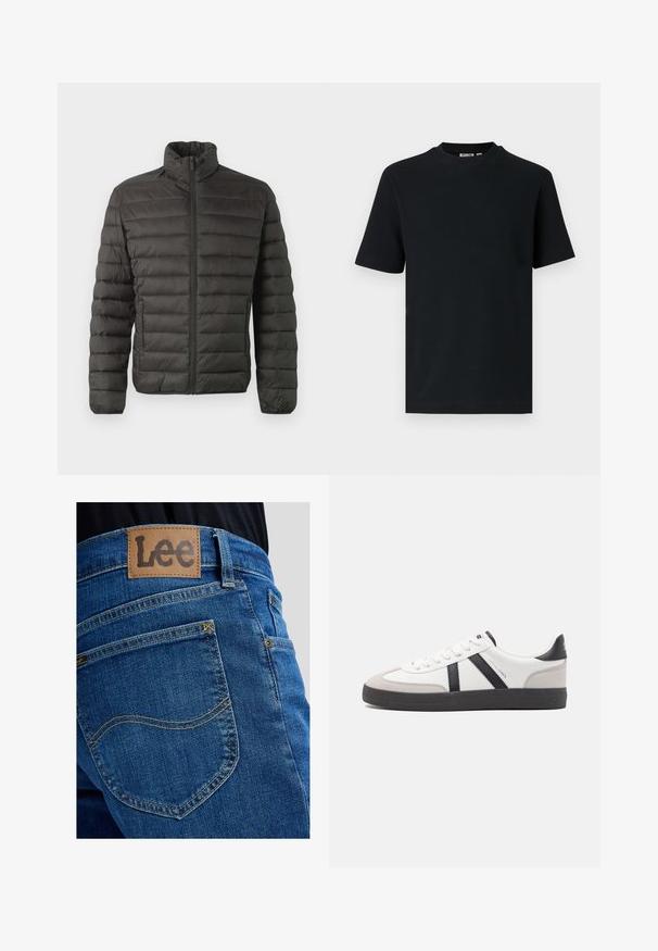 Only & Sons ONSGAVIN LIFE LIGHT JACKET - Übergangsjacke - black; Schwarzes, kurzärmeliges, geripptes Strick-T-Shirt mit Rundhalsausschnitt und einem kleinen, sichtbaren Etikett im Krageninnenteil.; Blaue Denim-Jeans Nahaufnahme zeigt Gesäßtasche mit charakteristischer Naht und einem braunen Leder-Label der Marke Lee am Bund.; Weiße Sneaker mit schwarz- und grau-aczenten, ausgestattet mit einer strukturierten grauen Zehenkappe, schwarzer Gummi-Sohle und flachen weißen Schnürsenkeln. Sauberes Design, minimalistische Stil.
