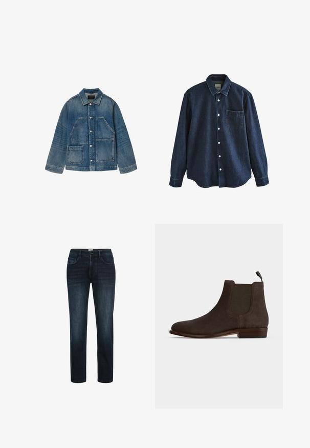 Denimjakke i mellemblå med klassisk krave, knaplukning foran og to store påsatte lommer. Har en let slidteffekt.; Mørkeblå denim skjorte med lange ærmer, knapper foran, krave og en enkelt brystlomme, vist mod hvid baggrund.; Mørk vaskede denimjeans med lige ben, der har fem lommer, knaplukning og subtil fading langs lårene.; Mørkebrun ruskind Chelsea-støvle med elastiske sidepaneler, lav stakket hæl og trækstrop bagpå på en ensfarvet lys baggrund.