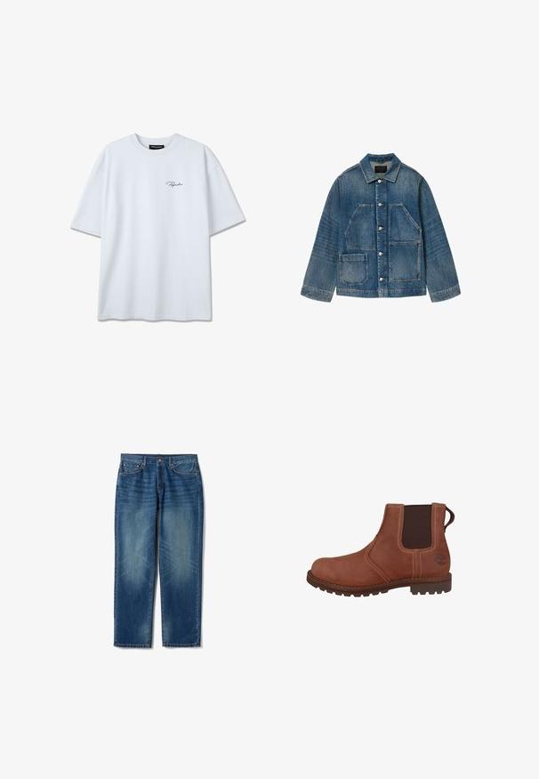 Spijkerjasje in middenblauw met een klassieke kraag, knoopsluiting aan de voorkant en twee grote opgestikte zakken. Heeft een licht verweerde textuur.; Wit T-shirt met korte mouwen, voorzien van een klein zwart "Pegador"-logo op de linkerborst, ronde hals en een losse pasvorm.; Blauwe spijkerbroek met een rechte pijp, vijf zakken, knoop- en ritssluiting en lichte vervaging op de dijen en knieën.; Bruine leren Chelsea-boot met elastische zijpanelen, gestikte accenten en een rubberen zool met een profiel. Inclusief een logo-detail.
