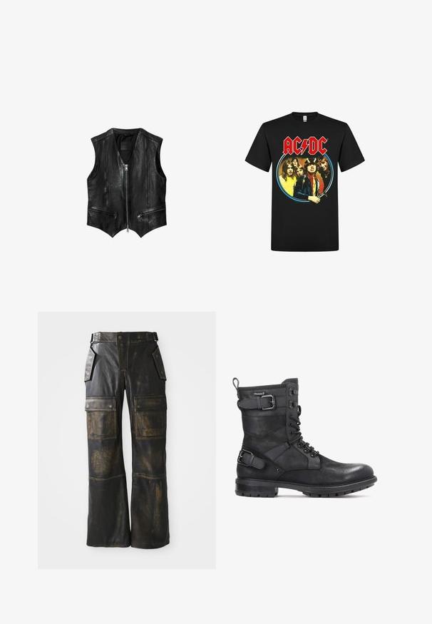 Schwarze ärmellose Lederweste mit Frontreißverschluss und zwei diagonal angeordneten Reißverschlusstaschen, V-förmigem Saum und gestepptem Paneeldesign.; rockshirts AC/DC HIGHWAY TO HELL NORTH AMERICA TOUR - T-Shirt print - black; Schwarze Leder-Cargo-Hose mit abgenutzter Optik, großen Seitentaschen, hoher Taille und kontrastierender Naht entlang der Nähte.; Kazar HEARD - Cowboy-/Bikerstiefelette - black