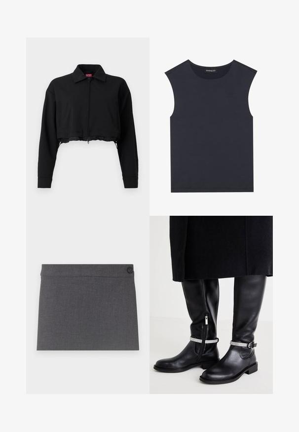 Sort cropped jakke med lynlås foran, to sidelommer og krave. Lavet af glat stof med en tætsiddende silhuet.; Slette top i mørk navy. Lavet af blød, glat stof med rund halsudskæring og lige kant. Ingen synlige mønstre eller hardware.; Grå stoffedragt med en glat overflade, lige design og en enkelt sort knap i taljen, med en ren og simpel æstetik.; Sorte læderknæhøje støvler med en sidelukning, der har et sølvfarvet accentbånd om anklen og en lav blokhæl.