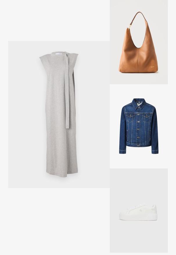 Donkerblauwe denimjas met een klassieke snit, knoopsluiting, twee borstzakken en contrasterende gele stiksels.; Grijze mouwloze jurk van zachte stof, met een rechte snit, bootnek en een zijdelijne striksluiting.; Witte platform sneakers met een gladleren bovenkant, ronde neus, witte veters en subtiele logodetail aan de zijkant. Platte rubberen zool.; Bruine leren hobo-tas met een enkele schouderband en een subtiel Calvin Klein-logo rechtsonder tegen een effen achtergrond.