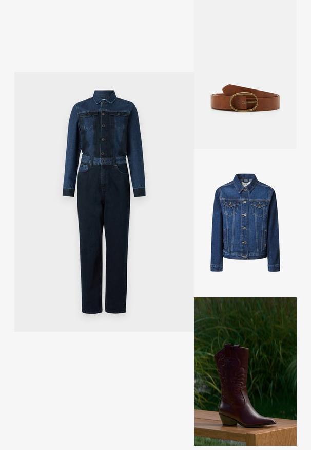 Tumedast sinisest denimist jack, klassikalise lõikega, nööbiga kinnitamine, kaks rindade taskut ja kontrastsete kollaste õmblustega.; Sinine teksajumpsuit, millel on tumedat sinist värvi, pikad varrukad, nööbiga esiosa, krae ja vöödiga talje ning kaks rinna-taskut.; Tumepruun nahast cowboy-saabas tikitud mustrite, madala kaldega kand ja tõmblussidega, paigutatud puidust pingile roheliste taimede taustal.; Pruun nahkrihm ovaalse pronkskattega. Rihmal on sile tekstuur ja disainiliseks detailiks on üksik õmblus katte lähedal.