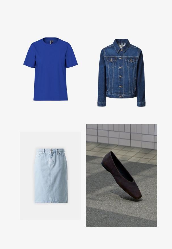 Denimjakke i mørkeblå med klassisk snit, knaplukning, to brystlommer og kontrasterende gul syning.; Ensfarvet kongeblå t-shirt med korte ærmer og rund halsudskæring, afslappet pasform med synlige tøjmærker inde i halsudskæringen.; Lyseblå denimskørt med lige snit, frontlommer og en enkelt knaplukning i taljen. Glat tekstur med minimal syning.; Enkelt mørkebrun flad sko svævende over tekstureret jord med baggrund af flisebelagt væg.