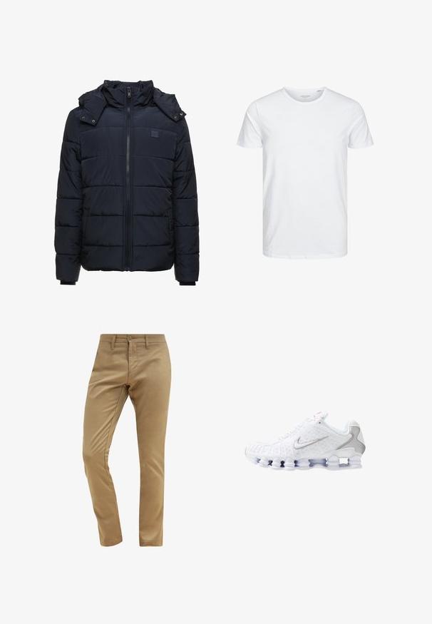 Navyblaue Steppjacke mit Reißverschluss, hohem Kragen und abnehmbarer Kapuze. Horizontale Steppung und seitliche Taschen. Weiches Material.; Rundhals-T-Shirt mit kurzen Ärmeln in reinem Weiß, aus weicher Baumwolle, mit einem schlichten Design ohne sichtbare Muster oder Akzente.; Beige Chinos mit glatter Textur, schmaler Passform, Knopfverschluss und Gürtelschlaufen, ausgestattet mit einem standardmäßigen Design für Fronttaschen.; Weiße Sportschuhe mit einer strukturierten Oberseite, einem silbernen Swoosh-Logo, Mesh-Einsätzen und einer markanten, segmentierten weißen Sohle.