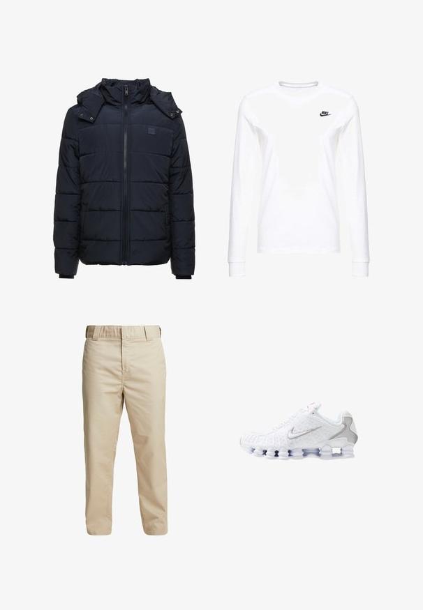 Navyblauwe pufferjack met een ritssluiting, hoge kraag en afneembare capuchon. Horizontaal gestikt patroon en zijzakken. Zacht materiaal.; Witte lange mouwen T-shirt van katoen, met een klein zwart Nike-logo op de linkerkant van de borst en een ronde halslijn. Gladde textuur.; Beige katoenen broek met een slim fit, rechte pijpen en riemlussen; gladde textuur en minimalistisch ontwerp zonder zichtbare accentueringen.; Witte sportschoenen met een gestructureerd bovenwerk, een zilveren swoosh-logo, meshpanelen en een opvallende gesegmenteerde witte zool.
