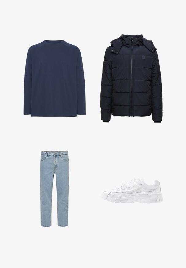 Navyblauwe pufferjack met een ritssluiting, hoge kraag en afneembare capuchon. Horizontaal gestikt patroon en zijzakken. Zacht materiaal.; Donkerblauwe longsleeve shirt met een ronde halslijn en raglanmouwen; zachte structuur en een subtiele stikseldetail aan de onderkant.; Lichtblauwe spijkerbroek met rechte pijpen, vijf zakken, riemlussen en een knoopgulp, getoond op een effen witte achtergrond.; Nike Sportswear P 6000 - Sneakers laag - white/platinum tint