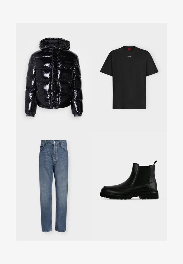 Schwarze Daunenjacke mit glänzender Oberfläche, ausgestattet mit Kapuze, Reißverschluss und elastischen Bündchen. Entworfen mit horizontalen gesteppten Abschnitten.; Schwarzes T-Shirt mit kurzen Ärmeln und kleinem weißen "HUGO"-Logo mittig auf der Brust sowie rotem innerem Kragenetikett.; Gerade geschnittene blaue Jeans aus Denim mit hoher Taille, Frontknopfverschluss und Fünf-Taschen-Design auf einem schlichten hellen Hintergrund.; Schwarzer Lederknöchelstiefel mit strukturierter Sohle, elastischen Seitenteilen und Zuglasche vor einem hellgrauen Hintergrund.