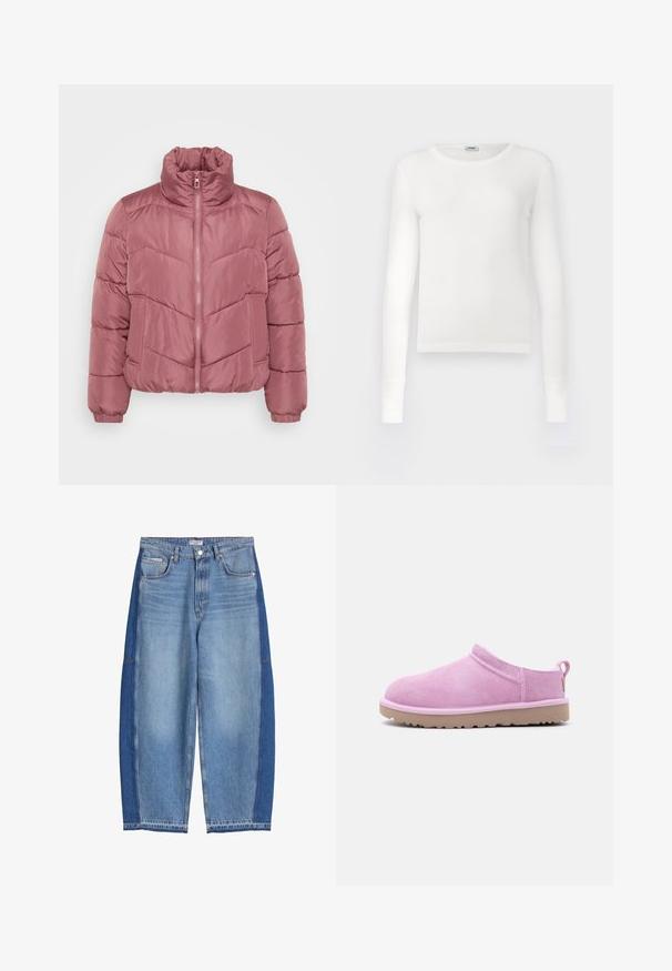Veste courte en duvet de couleur rose doux, avec un col haut, une fermeture éclair à l'avant et un motif matelassé en chevrons. Poignets élastiques et poches latérales.; Haut blanc à manches longues en tissu côtelé, avec un col rond et une coupe ajustée, des manches droites et un ourlet simple.; Jeans en denim bleu mi-hauts avec jambes larges, panneaux avant clairs, panneaux latéraux plus foncés, fermeture avant par bouton et fermeture éclair, et style à cinq poches.; Chaussure à enfiler en daim rose pâle avec une semelle en caoutchouc beige et un onglet à l'arrière, conçue pour un usage décontracté en intérieur comme en extérieur.