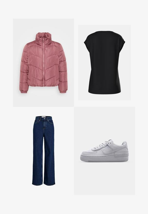 Veste courte en duvet de couleur rose doux, avec un col haut, une fermeture éclair à l'avant et un motif matelassé en chevrons. Poignets élastiques et poches latérales.; Haut noir à manches courtes avec une coupe décontractée, col rond et texture de tissu lisse, avec des coutures d'épaule subtiles. Vue de dos affichée.; Jean large taille haute bleu foncé avec poches avant, passants pour ceinture, fermeture par bouton et détails de coutures visibles.; Basket en cuir lisse gris Nike Air Force 1 avec un bout perforé, une semelle épaisse et un détail 'AIR' en relief sur le talon.