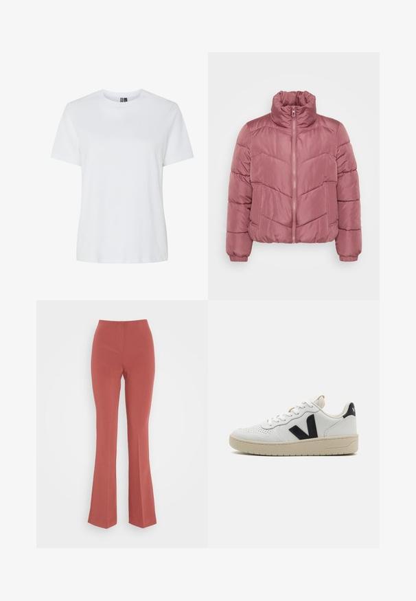 Chaqueta corta tipo puff en un suave color rosa, con un alto cuello, cremallera frontal y un patrón de rombos acolchado. Puños elásticos y bolsillos laterales.; Camiseta de algodón blanca con mangas cortas y escote redondo. Textura suave, corte relajado y sin patrones ni acentos visibles.; ONLY ONLEDINA FLARED PANT - Pantalones - apple butter; Zapatilla blanca de cuero con un logo negro, área de puntera perforada y suela de goma beige. Presenta una textura suave y diseño de cordones.