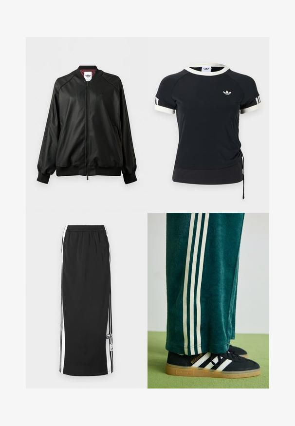 Must zipperiga bomber-jakk, soonikkoes mansettide ja kraega, sügavpunase sisu ja tagasihoidliku Adidas-logo rinnal.; Must athletikapluus valge krae ja varrukatega, rinnal logoga ning külgedel nöörid kohandatava sobivuse jaoks.; Must pikkate sportseelik valgete külgsisete ja mustade triipudega, elastse vöökohaga ning Adidas logo plaastriga alumise ääre lähedal.; Rohelised tekstureeritud püksid valgete külgriidega, kombineeritud mustade Adidas jalgadega, millel on kolm valget triipu ja kummi tald.