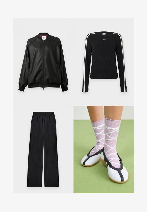 Sort bomberjakke med lynlås, ribstrikkede manchetter og krave, diskret Adidas-logo på brystet og vinrød indvendig foring.; Sort strikket sweater med tekstureret overflade, lange ærmer, rund hals og hvide sidelister med et broderet logo på brystet.; Sorte bukser med vide ben og elastik i taljen, lavet af letvægtsstof, vist fladt på en lys baggrund.; Ben iført ribbet lilla sokker med hvide krydsede stropper kombineret med hvide balletsko med sort kant på grøn gulv.