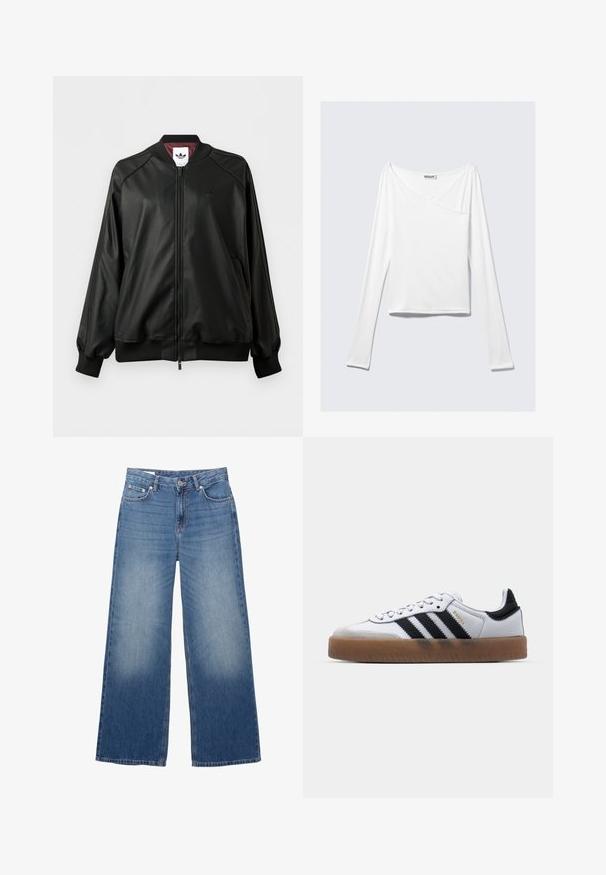 Čierna bomber bunda na zips s rebrovanými manžetami a golierom, jemné logo Adidas na hrudi a bordová vnútorná podšívka.; Biela blúzka s dlhým rukávom a prekríženým dizajnom, s vreckom. Vyrobená z hladkej, elastickej látky. Strih v uvoľnenom, voľnom štýle.; Modré džínsy širokého strihu s predným zapínaním na gombíky a zips, vybavené prednými a zadnými vreckami a jemným vyblednutím na stehnách.; Biele kožené tenisky s čiernymi pruhmi, gumová podrážka, okrúhla špička, šnurovanie a mäkký sivý semišový špička.