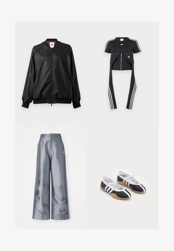Must zipperiga bomber-jakk, soonikkoes mansettide ja kraega, sügavpunase sisu ja tagasihoidliku Adidas-logo rinnal.; Must lühikeste varrukatega pluus, mille varruka külgedel on valged Adidas triibud, ees lukk ja pikendatud kangast detailid, millel on kolm valget triipu.; Laiad püksid läikivast hallist materjalist, valgete külgtriipudega ja põlevate mustritega alumistes jalgades. Nööp ja lukku kinnitamine vööl.; Mustvalged spordijalatsid, millel on sile disain, kummist tald, paeltest kinni tõmmatav sulgur ja kolm valget triipu külgedel.