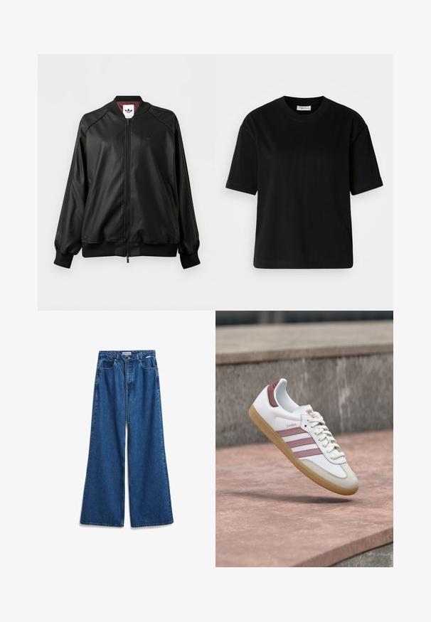 Zwarte bomberjas met rits, geribde manchetten en kraag, subtiel Adidas-logo op de borst en bordeauxrode voering.; Zwarte katoenen T-shirt met korte mouwen, een ronde halslijn en een relaxte pasvorm. Gladde textuur en minimalistisch ontwerp zonder zichtbare patronen of accenten.; Wijde blauwe denim jeans met een hoge taille, vijf zakken en een rits. Gemaakt van stevig katoenmix materiaal met vervaging.; Witte en roze Adidas Samba sneaker met rubberen zool die zweeft boven een stenen oppervlak met een vervaagde stenen muur op de achtergrond.