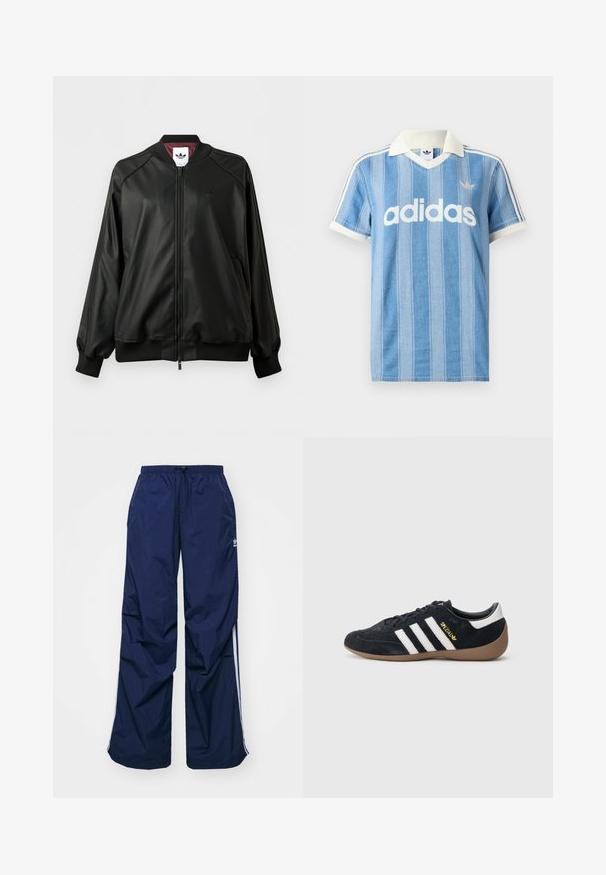 Chaqueta bomber negra con cremallera, puños y cuello de canalé, logo discreto de Adidas en el pecho y forro interior burdeos.; Polo de manga corta azul claro con rayas verticales, detalles en blanco y prominente logo blanco de "adidas" en el frente.; Pantalones de color azul marino, ligeros, con cintura elástica y cordón ajustable, con franjas blancas laterales y un pequeño logo en la parte delantera. Diseño de corte holgado.; Zapatilla de ante negra con tres rayas blancas, suela de goma y un pequeño logo dorado en el lateral. Cuenta con un forro interior negro liso.