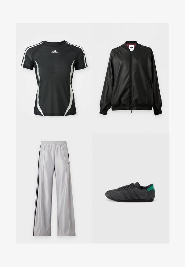 Čierna bomber bunda na zips s rebrovanými manžetami a golierom, jemné logo Adidas na hrudi a bordová vnútorná podšívka.; Čierne športové tričko Adidas s krátkym rukávom, s bielymi pruhmi na ramenách a striebornými zakrivenými akcentmi po stranách.; Svetlosivé tréningové nohavice Adidas s elastickým pásom, čiernymi bočnými pruhmi a malým čiernym logom Adidas na ľavom stehne.; Čierna nízka teniska s jemným kvetinovým vzorom, čiernymi šnúrkami, zelenou pätovou záložkou a zlatým logom na jazyku a päte.