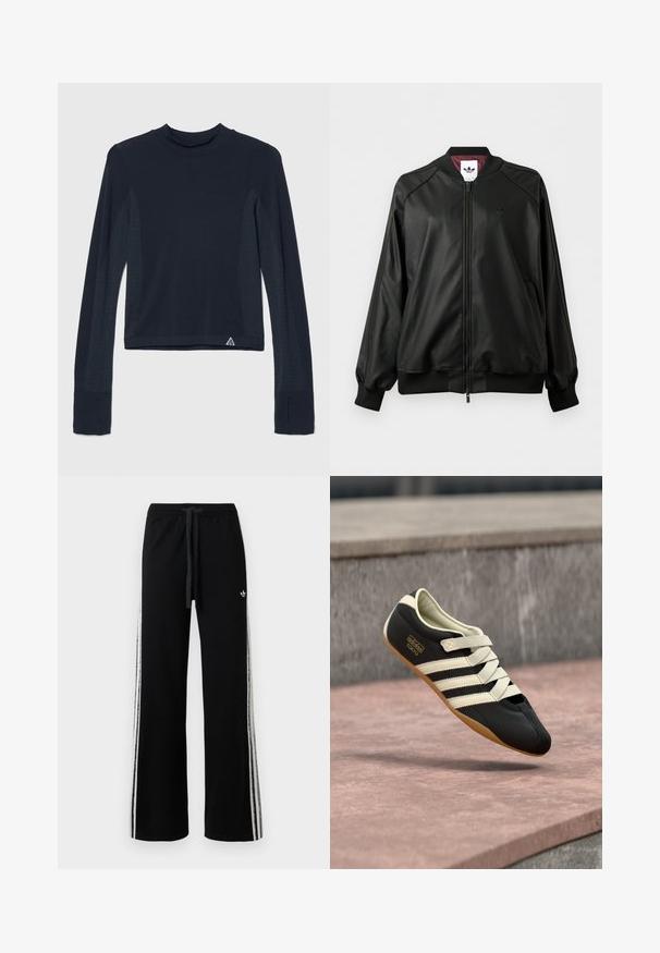 Čierna bomber bunda na zips s rebrovanými manžetami a golierom, jemné logo Adidas na hrudi a bordová vnútorná podšívka.; Námořnická modrá blúzka s dlhým rukávom v rebrovom štruktúre, s bodkovanými akcentmi pozdĺž rukávov a vysokým výstrihom. Logo značky na dolnej ľavej strane.; Čierne široké tepláky s bielymi bočnými pásmi, elastickým pásom, šnúrkami a malým bielym logom trefoil na stehne.; Čierna športová obuv s krémovými pruhmi a šnúrkami, s nízkym profilom, hladkou textúrou a gumovou podrážkou pre lepšiu priľnavosť. Viditeľná značka značky.