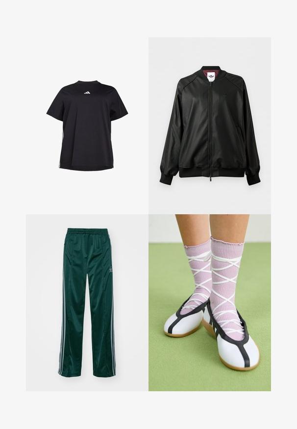 Čierna bomber bunda na zips s rebrovanými manžetami a golierom, jemné logo Adidas na hrudi a bordová vnútorná podšívka.; Čierne tričko s krátkym rukávom vyrobené z jemnej látky, s bielym horizontálnym akcentom na bokoch a bielym logom na prsiach.; Tmavozelené športové nohavice vyrobené z lesklého materiálu, s bočnými pruhmi v svetlošedej farbe a vyšitým logom na ľavom stehne.; Nohy v rebrovaných levanduľových ponožkách s bielymi krížovými pásmi v kombinácii s bielymi baletnými papučkami s čiernym lemom na zelenej podlahe.