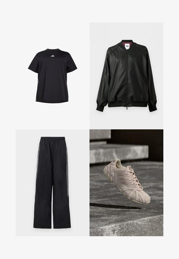 Schwarze Bomberjacke mit Reißverschluss, gerippten Bündchen und Kragen, dezentem Adidas-Logo auf der Brust und bordeauxfarbenem Innenfutter.; Schwarzes T-Shirt mit kurzen Ärmeln aus weichem Stoff, ausgestattet mit einem weißen horizontalen Akzent an den Seiten und einem weißen Logo auf der Brust.; Schwarze, weit geschnittene Trainingshose mit elastischem Bund und drei weißen Streifen an jeder Seite der Beine.; Hellrosa Adidas-Sneaker mit Mesh-Obermaterial, drei Streifen an der Seite, geschnürte Schnürsenkel, schwebend über strukturierten Betontreppen.