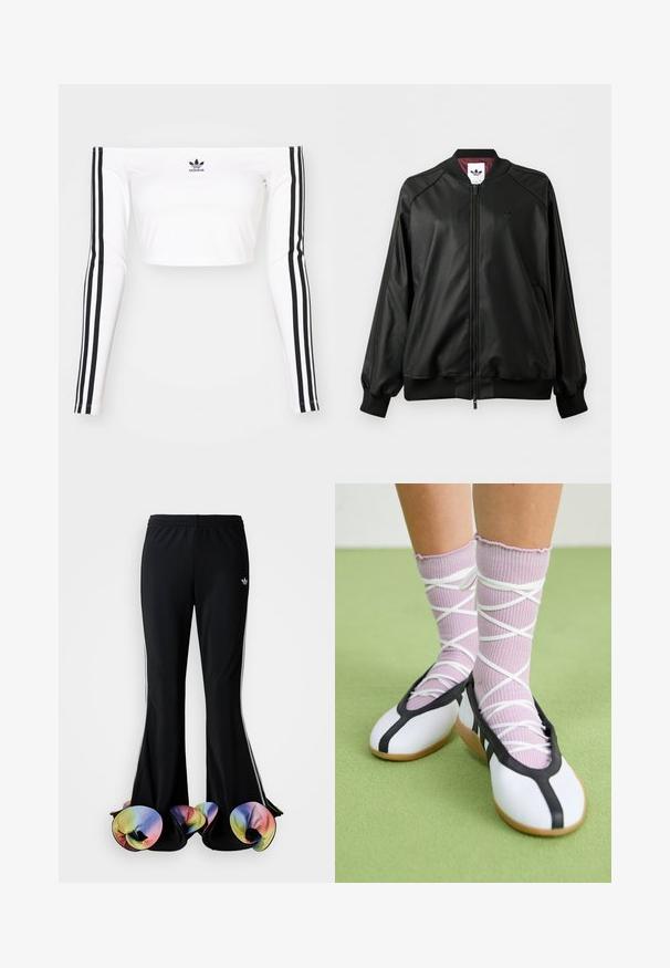 Must zipperiga bomber-jakk, soonikkoes mansettide ja kraega, sügavpunase sisu ja tagasihoidliku Adidas-logo rinnal.; Valge pikakäidine avatud õlavarrega lühike tipp venivast kangast. Käistel on mustad kolmtriibu aktsendid ning rinnal on väike must logo.; Mustad mustad spordipüksid laia flare-disainiga. Omavad värvilisi, ripsmetega alumisi servi ja valgeid külgtriibe. Valmistatud venivast kangast.; Jalgu ribaga lillasid punutud sokid valgete ristikkäiste rihmadega ning valgete tantsujalatsitega musta äärtega rohelisel põrandal.