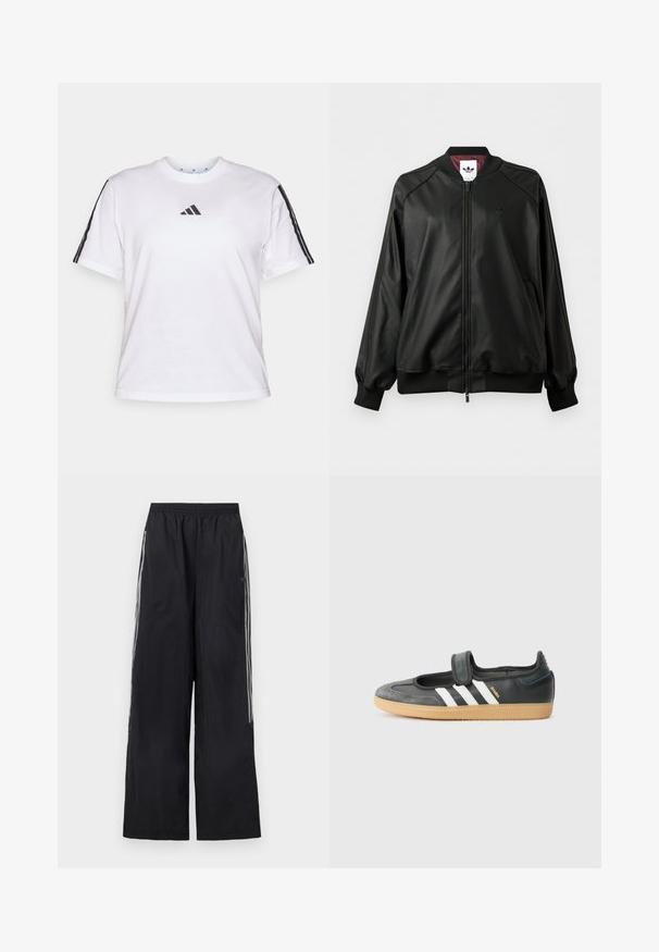 Čierna bomber bunda na zips s rebrovanými manžetami a golierom, jemné logo Adidas na hrudi a bordová vnútorná podšívka.; Biela bavlnená tričko s okrúhlym výstrihom, krátkymi rukávmi a čiernymi trojprúžkovými akcentmi na pleciach so značkou Adidas na hrudi.; Čierne široké teplákové nohavice s elastickým pásom a tromi bielymi pruhmi na boku každej nohavice.; Čierne kožené a zamšové tenisky s Velcro pásikom, s tromi bielymi pruhmi a gumenou podrážkou, označené nápisom "SAMBA" na boku.