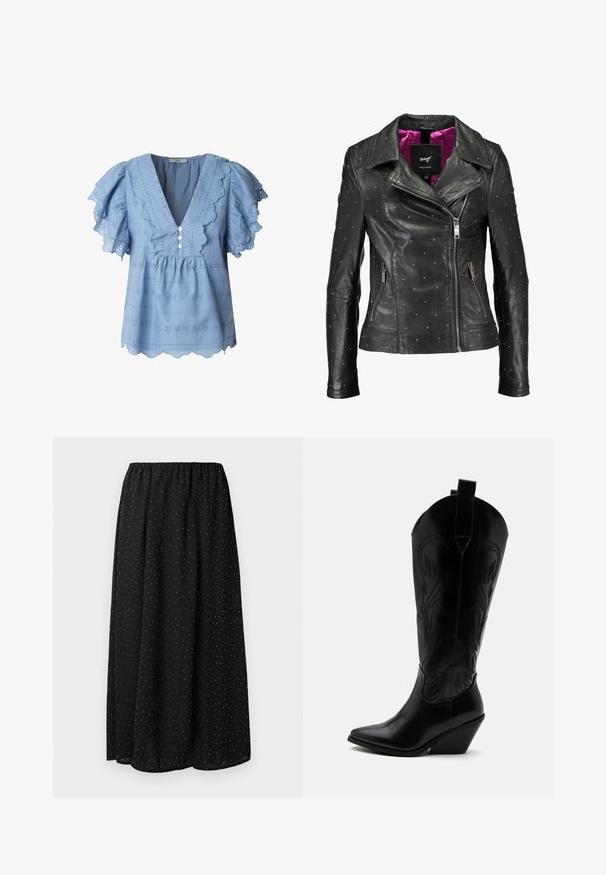 Maze PIN - Læderjakker - black; Lyseblå bluse med bølget kant og flagrende ærmer. Har hulbroderi og tre knaplukninger ved V-halsen.; Sort skirt lavet af letvægtsstof med en samlet talje. Den har et mønster af små hvide prikker over hele stoffet.; Sort læder cowboystøvle med spidst tåparti, skråt blokhælhæl, dekorative sømme og trækstropper øverst mod hvid baggrund.