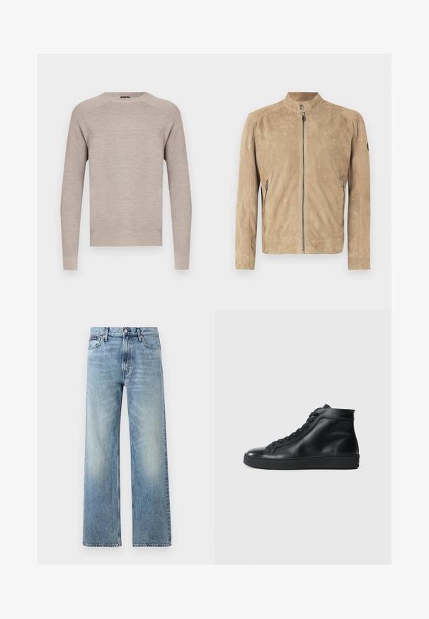 Veste en daim marron clair avec col montant, fermeture à glissière à l'avant, fermeture à boutons-pression, et poches latérales zippées, présentée sur fond blanc.; Pull en maille beige avec un col rond, manches longues et bords-côtes aux poignets et à l'ourlet. Texture lisse avec un motif subtil et uniforme.; Jean droit en denim bleu clair avec taille haute, cinq poches, fermeture à boutons et léger délavage sur les cuisses et les genoux.; Baskets montantes noires en cuir lisse avec un bout rond, semelle en caoutchouc plate et fermeture lacée à l'avant. Lignes épurées et accents minimalistes.