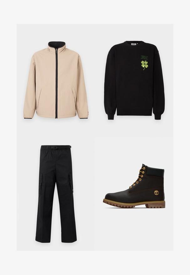 Veste beige avec un col montant, une fermeture éclair à l'avant et des accents noirs. Comprend deux poches latérales et des poignets élastiques. Texture lisse.; Sweat-shirt noir en tissu doux, avec un trèfle à quatre feuilles vert brodé et un texte sur la poitrine. Poignets et ourlet côtelés.; Pantalons cargo noirs avec une coupe large, une taille ajustable avec une boucle et deux poches latérales pour le rangement. Tissu léger.; Bottine noire en cuir avec œillets dorés, accents marron et semelle en caoutchouc. Comprend un col rembourré et un logo estampé sur le côté.