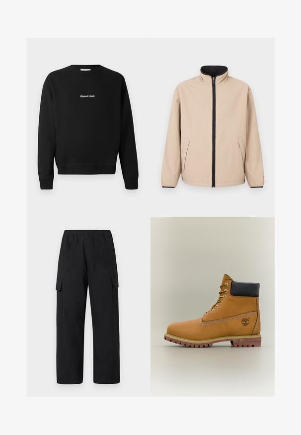 Beige jas met een hoge kraag, ritssluiting aan de voorkant en zwarte accenten. Voorzien van twee zijzakken en elastische manchetten. Gladde textuur.; Zwarte sweatshirt met een ronde hals, lange mouwen en geribde manchetten, met "Original Studio" in het wit geborduurd op de voorkant.; Zwarte cargobroek met een elastische tailleband, voorzien van twee zijzakken en een losse, recht toelopende pijp. Gemaakt van een lichtgewicht materiaal.; Bruine leren enkellaars met zwarte kraag, gele veters en een zandkleurige zool. Voorzien van een logo en witte stikseldetails. Robuuste loopzool met grip.