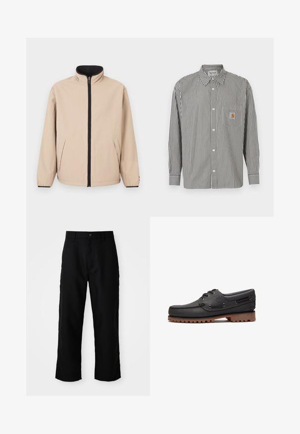 Beige jakke med høj krave, frontlynlås og sorte detaljer. Har to sidelommer og elastiske ærmeafslutninger. Glat tekstur.; Sorte og hvide vertikale striber langærmet skjorte med button-down krave. Har en brystlomme med en beige logo-plet.; Sorte lige ben bukser med bæltestropper, frontknap og lynlås lukning på ensfarvet lys baggrund.; Sort læder bådsko med snøredetaljer, rund tå, struktureret brun gummisål og sydd læderside.